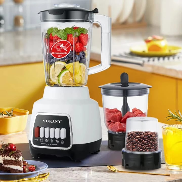 Blender multifonction SOKANY – Bol incassable + moulins (viande, café, épices)