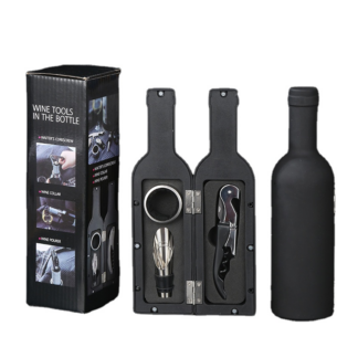 Coffret sommelier 3 pièces en forme de bouteille – Tire-bouchon, bec verseur & bague anti-goutte